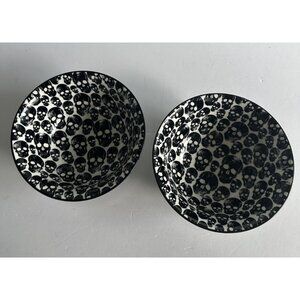 2 Coco + Lola Ceramic 6.25” X 2.8” Black White Skull Serving Bowls Halloween